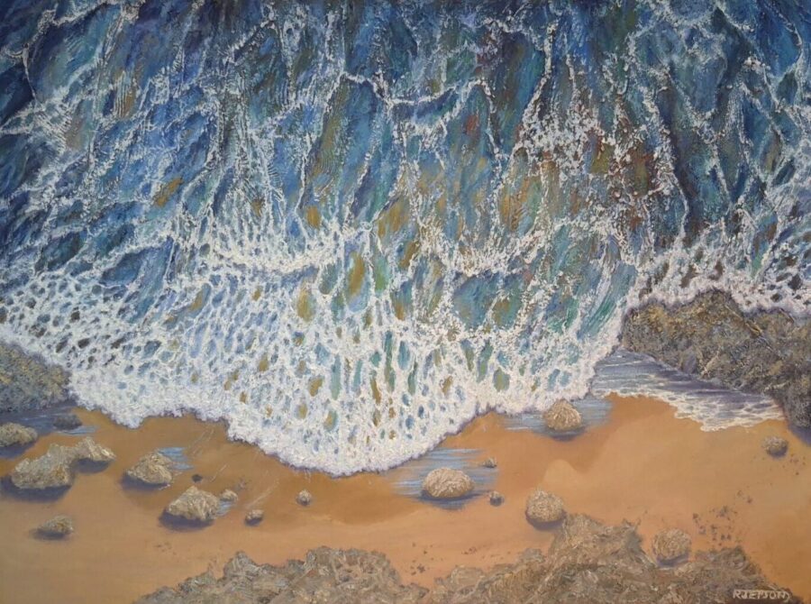 Beach surf, aerial view, original textured oil on acrylic painting by Robert Jepson