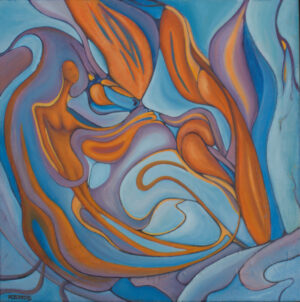 Rebirth-subtle-orange-and-blue-abstract-painting-swirling-organic-patterns-and-hidden-symbols.-Original-oil-and-acrylic-on-canvas-by-Robert-Jepson