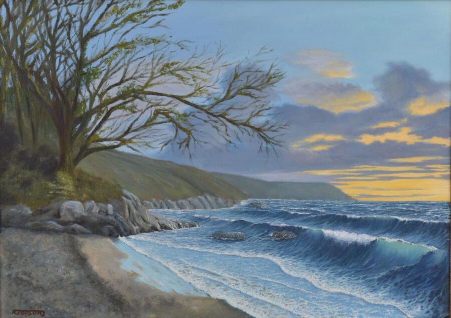 Garwick bay, Isle of man, morning breakers, original oil on canvas painting by Robert Jepson Coastal scene, breaking waves, rocks, oil on canvas