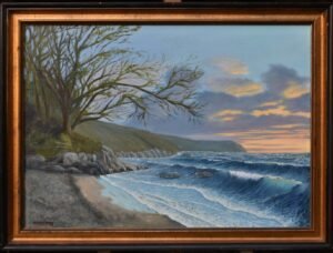 Coastal scene, breaking waves, rocks, oil on canvas, Garwick Bay, Isle of Man, morning seascape